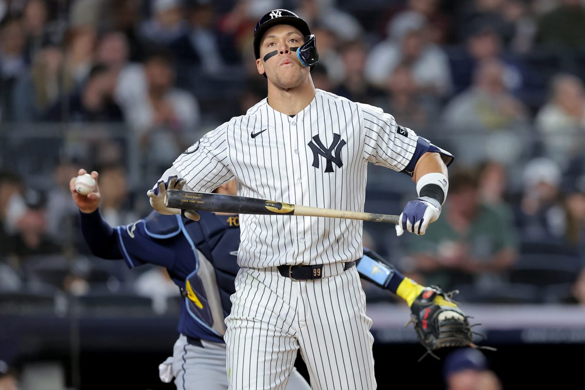 May 22, 2026; Bronx, New York, USA; New York Yankees right fielder Aaron Judge (99) reacts after striking out to end the seventh inning against the Tampa Bay Rays at Yankee Stadium. Mandatory Credit: Brad Penner-Imagn Images