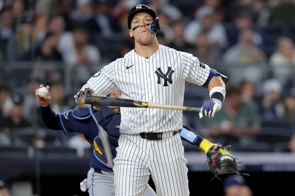 May 22, 2026; Bronx, New York, USA; New York Yankees right fielder Aaron Judge (99) reacts after striking out to end the seventh inning against the Tampa Bay Rays at Yankee Stadium. Mandatory Credit: Brad Penner-Imagn Images