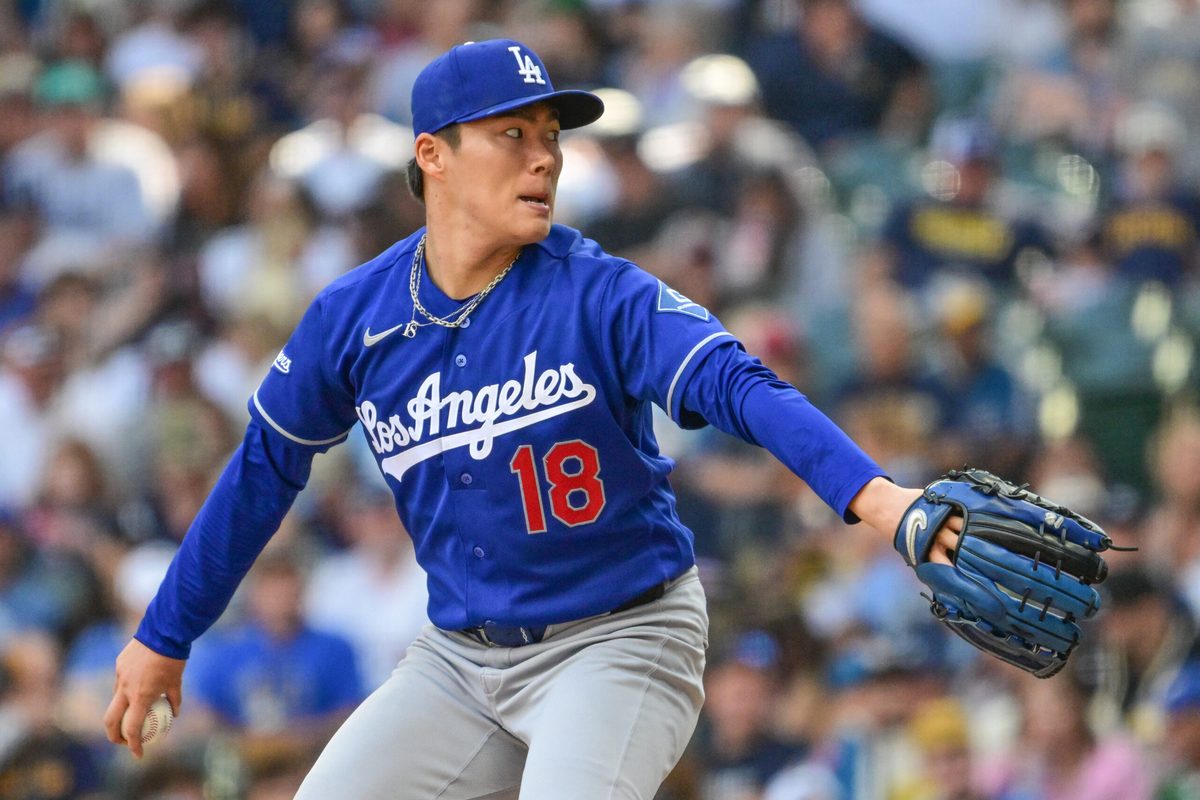 May 24, 2026; Milwaukee, Wisconsin, USA;  Los Angeles Dodgers starting pitcher Yoshinobu Yamamoto (18) throws a pitch in the sixth inning against the Milwaukee Brewers at American Family Field. Mandatory Credit: Benny Sieu-Imagn Images