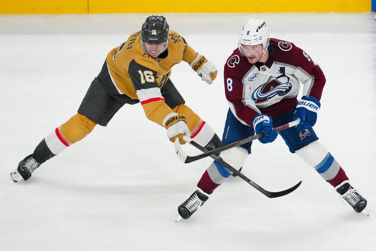 May 24, 2026; Las Vegas, Nevada, USA; Vegas Golden Knights right wing Pavel Dorofeyev (16) stick checks Colorado Avalanche defenseman Cale Makar (8) during the third period in game three of the Western Conference Final of the 2026 Stanley Cup Playoffs at T-Mobile Arena. Mandatory Credit: Stephen R. Sylvanie-Imagn Images