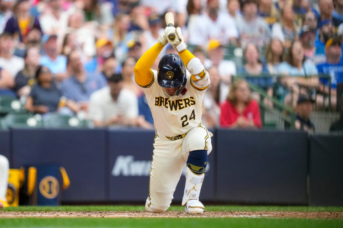 May 25, 2026; Milwaukee, Wisconsin, USA;  Milwaukee Brewers catcher William Contreras (24) slams his bat after hitting a fly ball during the seventh inning against the St. Louis Cardinals at American Family Field. Mandatory Credit: Jeff Hanisch-Imagn Images
