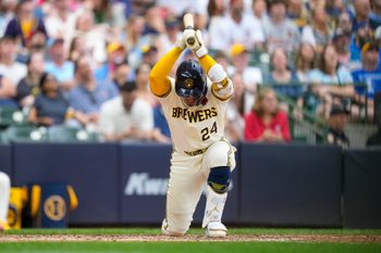 May 25, 2026; Milwaukee, Wisconsin, USA;  Milwaukee Brewers catcher William Contreras (24) slams his bat after hitting a fly ball during the seventh inning against the St. Louis Cardinals at American Family Field. Mandatory Credit: Jeff Hanisch-Imagn Images