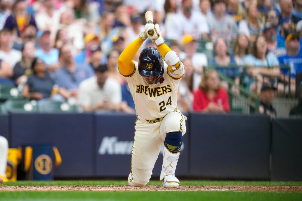 May 25, 2026; Milwaukee, Wisconsin, USA; Milwaukee Brewers catcher William Contreras (24) slams his bat after hitting a fly ball during the seventh inning against the St. Louis Cardinals at American Family Field. Mandatory Credit: Jeff Hanisch-Imagn Images