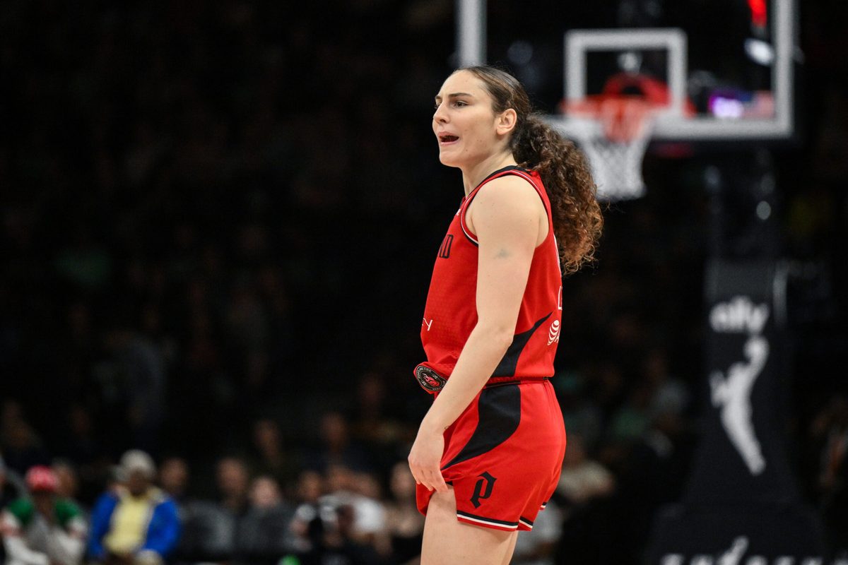 May 25, 2026; Brooklyn, New York, USA; Portland Fire guard Carla Leite (0) reacts during the second half against the New York Liberty at Barclays Center. Mandatory Credit: John Jones-Imagn Images