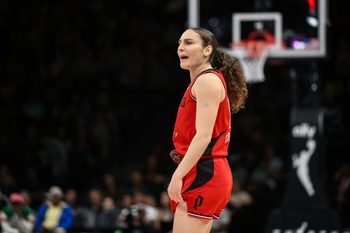 May 25, 2026; Brooklyn, New York, USA; Portland Fire guard Carla Leite (0) reacts during the second half against the New York Liberty at Barclays Center. Mandatory Credit: John Jones-Imagn Images