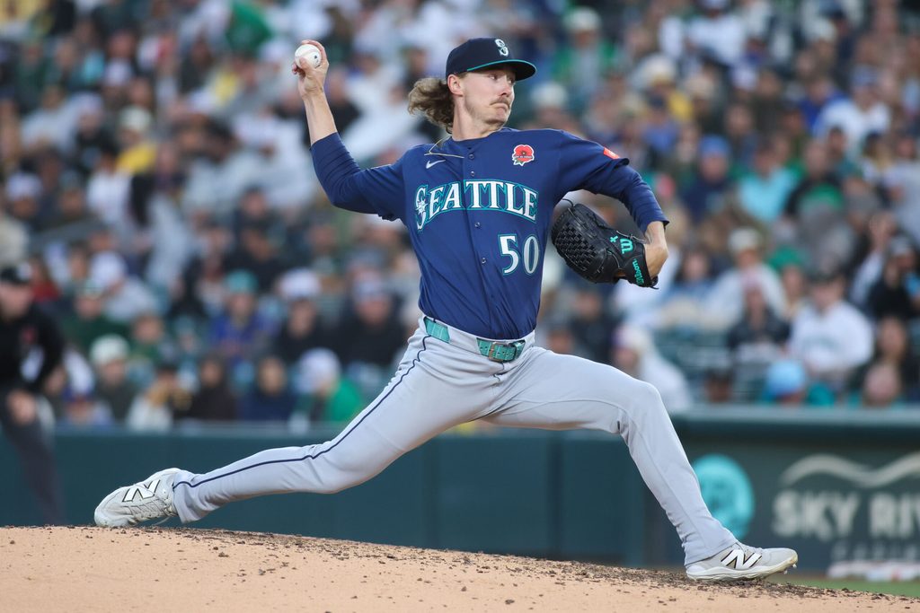 May 25, 2026; West Sacramento, California, USA; Seattle Mariners pitcher Bryce Miller (50) throws to a Athletics batter during the fifth inning at Sutter Health Park. Mandatory Credit: Scott Marshall-Imagn Images