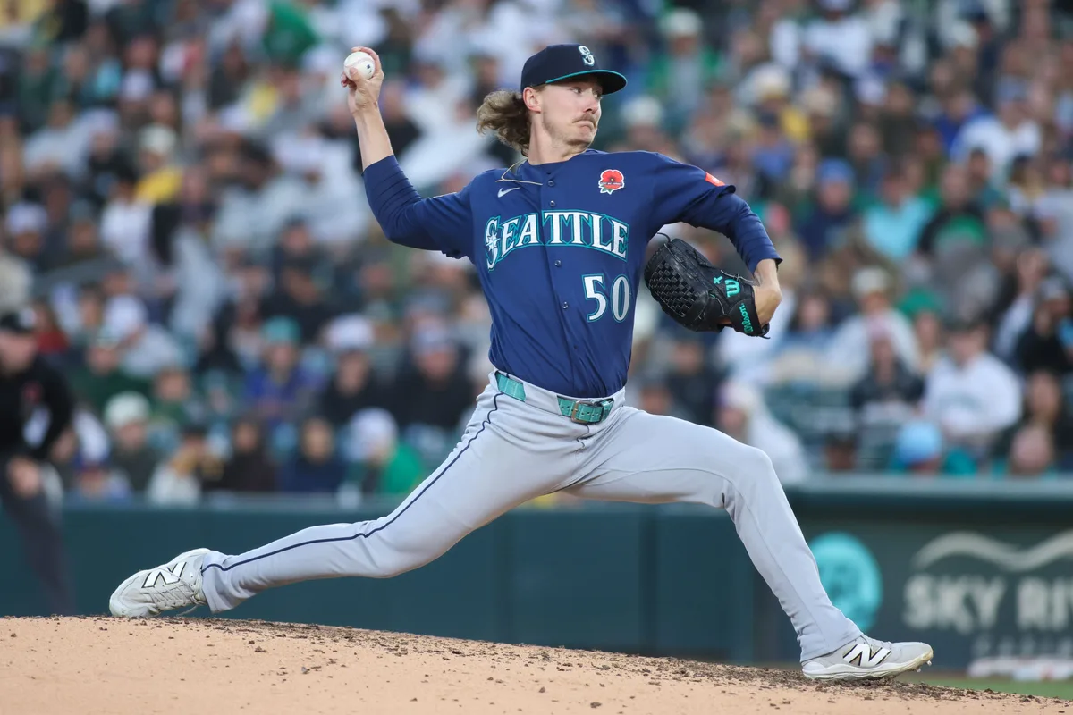 May 25, 2026; West Sacramento, California, USA; Seattle Mariners pitcher Bryce Miller (50) throws to a Athletics batter during the fifth inning at Sutter Health Park. Mandatory Credit: Scott Marshall-Imagn Images