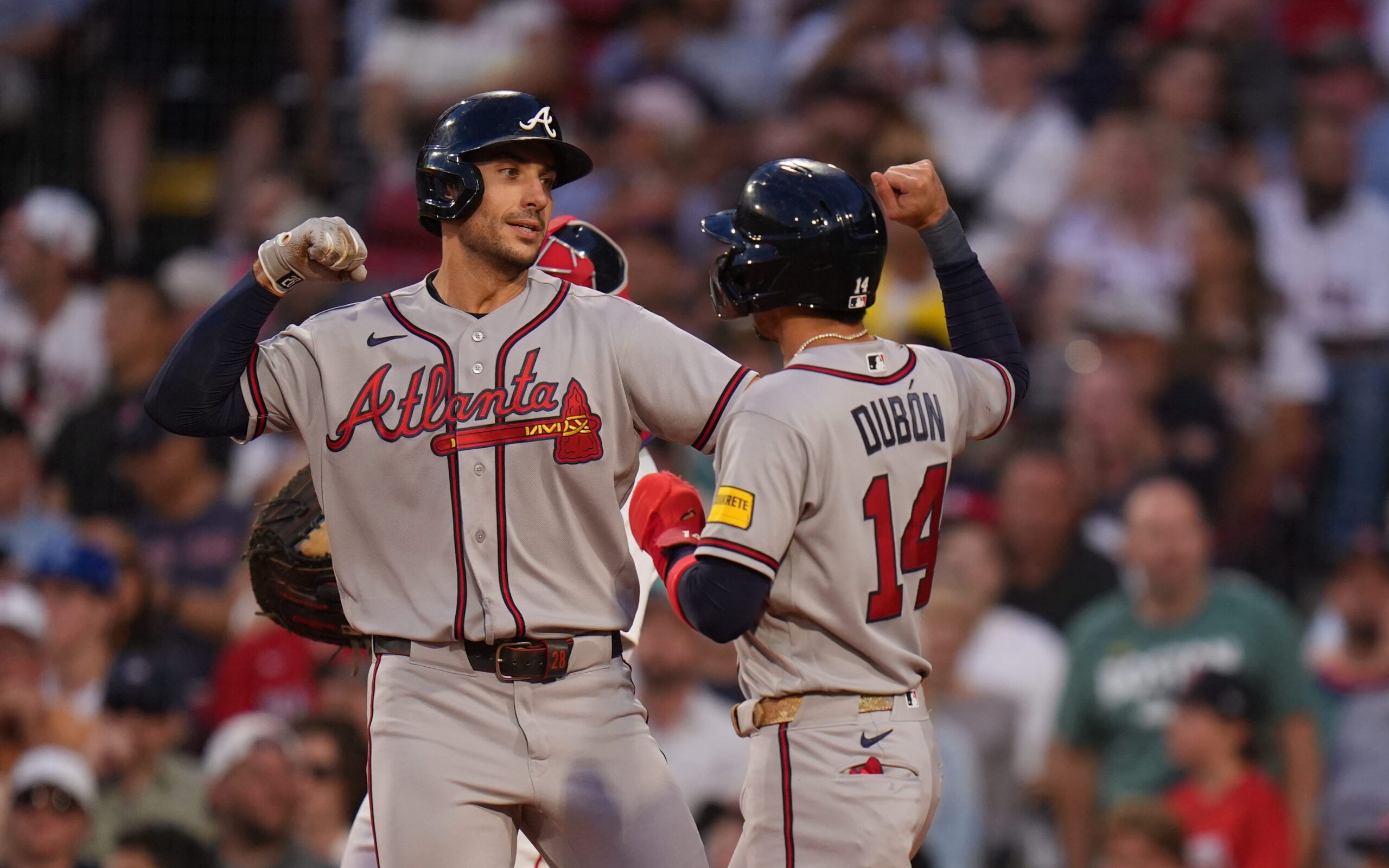 May 26, 2026; Boston, Massachusetts, USA; Atlanta Braves first baseman Matt Olson (28) is congratulated after hitting a two run home run against the Boston Red Sox in the fifth inning at Fenway Park. Mandatory Credit: David Butler II-Imagn Images