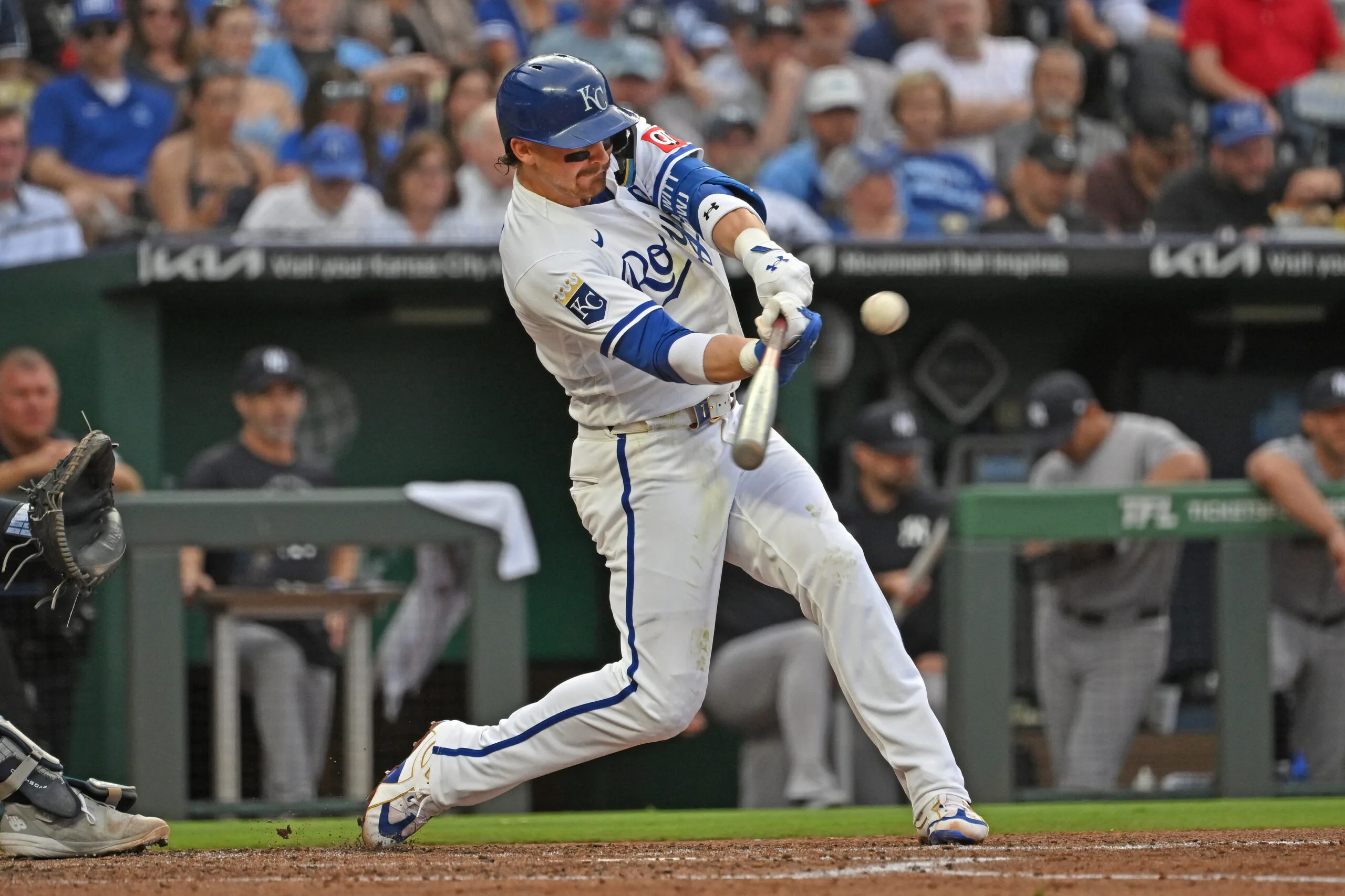 May 26, 2026; Kansas City, Missouri, USA;  Kansas City Royals shortstop Bobby Witt Jr. (7) hits a solo home run in the third inning against the New York Yankees at Kauffman Stadium. Mandatory Credit: Peter Aiken-Imagn Images