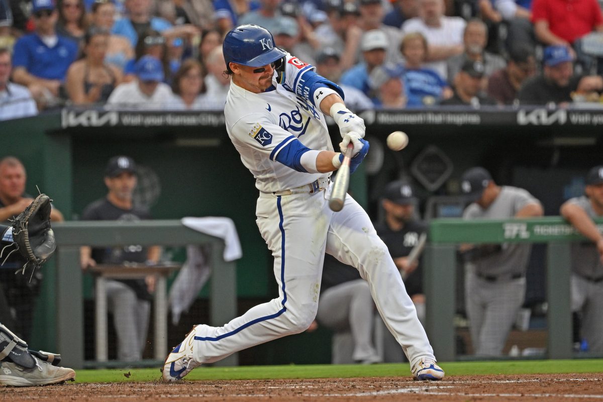 May 26, 2026; Kansas City, Missouri, USA;  Kansas City Royals shortstop Bobby Witt Jr. (7) hits a solo home run in the third inning against the New York Yankees at Kauffman Stadium. Mandatory Credit: Peter Aiken-Imagn Images