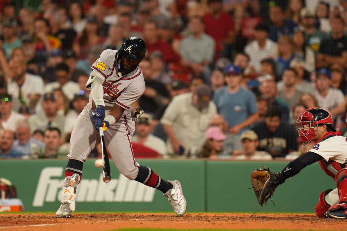 May 26, 2026; Boston, Massachusetts, USA; Atlanta Braves center fielder Michael Harris II (23) hits a two run home run against the Boston Red Sox in the eighth inning at Fenway Park. Mandatory Credit: David Butler II-Imagn Images