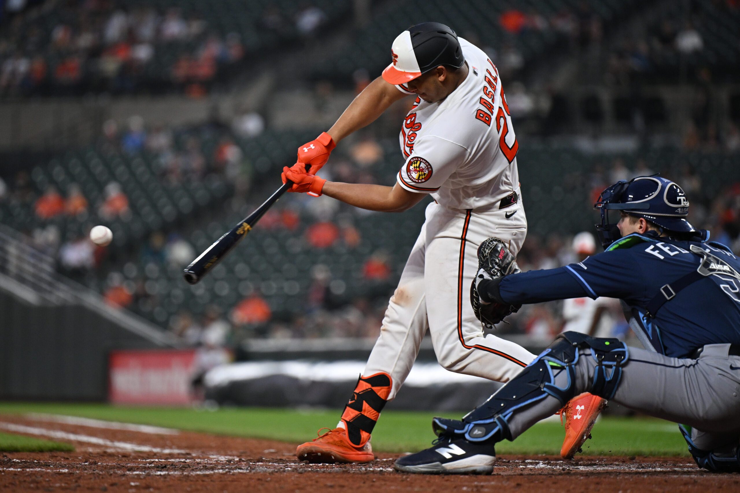 May 26, 2026; Baltimore, Maryland, USA;  Baltimore Orioles catcher Samuel Basallo (29) hits a three-run home run in the fifth inning against the Tampa Bay Rays at Oriole Park at Camden Yards. Mandatory Credit: Jamie Sabau-Imagn Images