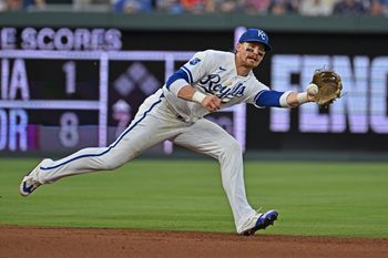 May 26, 2026; Kansas City, Missouri, USA;  Kansas City Royals shortstop Bobby Witt Jr. (7) makes a play on the ball in the fifth inning against the New York Yankees at Kauffman Stadium. Mandatory Credit: Peter Aiken-Imagn Images