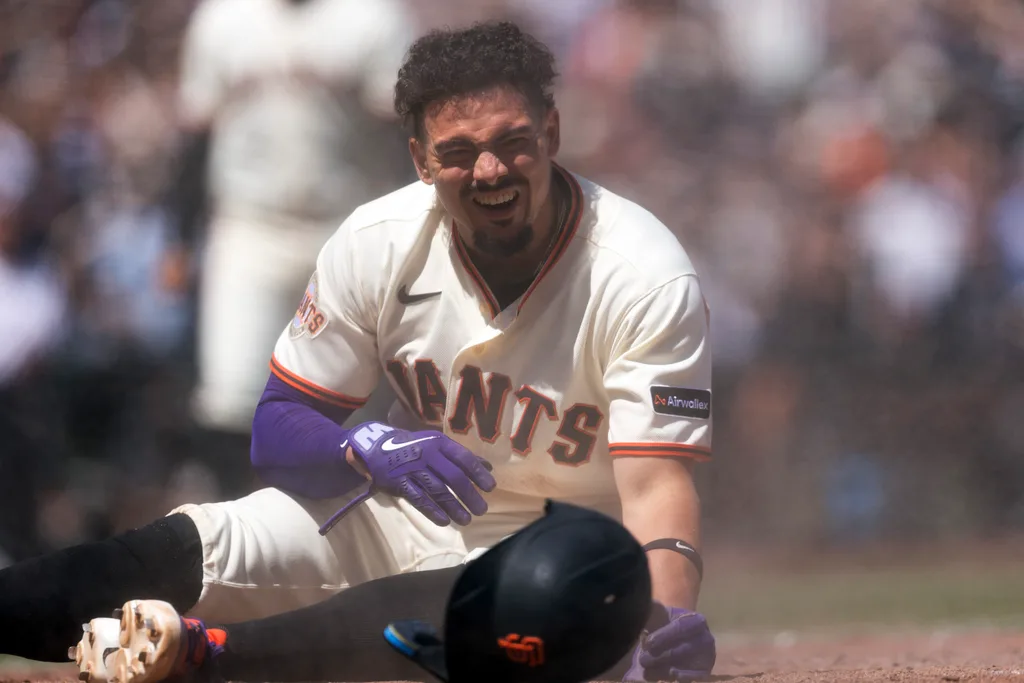 May 27, 2026; San Francisco, California, USA; San Francisco Giants shortstop Willy Adames (2) reacts to being thrown out at the plate against the Arizona Diamondbacks during the eighth inning at Oracle Park. Mandatory Credit: D. Ross Cameron-Imagn Images