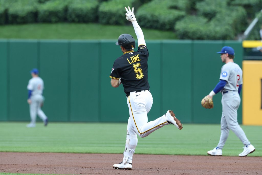 May 27, 2026; Pittsburgh, Pennsylvania, USA; Pittsburgh Pirates second baseman Brandon Lowe (5) gestures as he circles the bases on a three-run home run against the Chicago Cubs during the third inning at PNC Park. Mandatory Credit: Charles LeClaire-Imagn Images