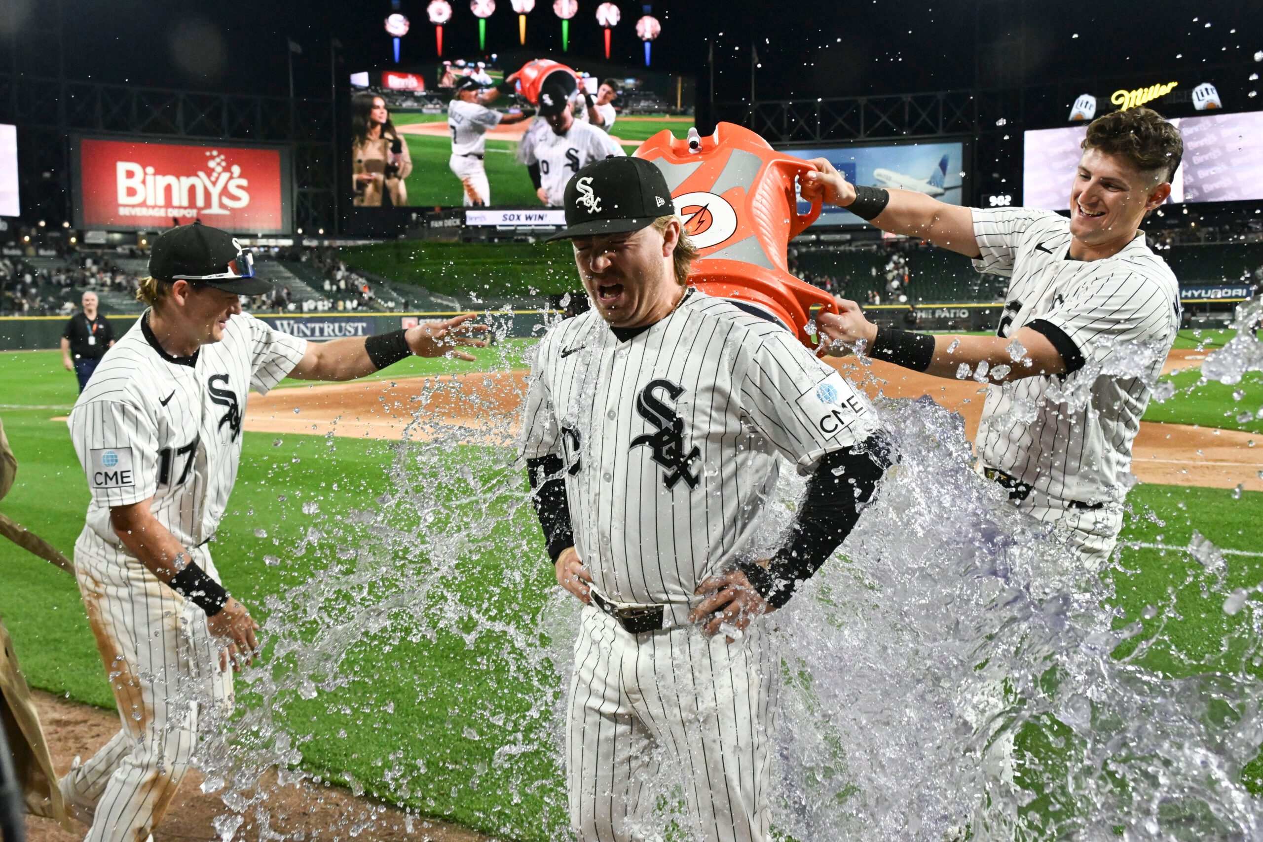 May 27, 2026; Chicago, Illinois, USA;  Chicago White Sox second baseman Chase Meidroth (10) is dunked by left fielder Sam Antonacci (10) left, and shortstop Colson Montgomery (12) after the game against the Minnesota Twins at Rate Field. Mandatory Credit: Matt Marton-Imagn Images