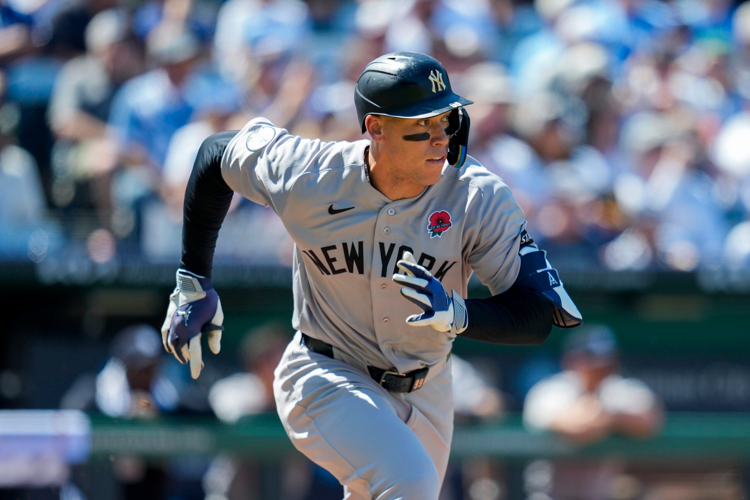 May 25, 2026; Kansas City, Missouri, USA; New York Yankees right fielder Aaron Judge (99) runs to first base during the third inning against the Kansas City Royals at Kauffman Stadium. Mandatory Credit: Jay Biggerstaff-Imagn Images