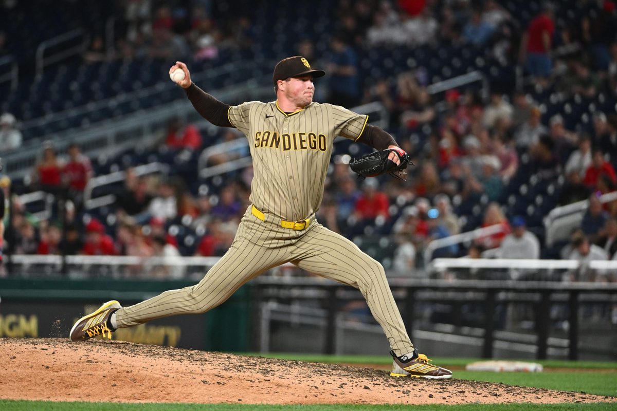 May 29, 2026; Washington, District of Columbia, USA; San Diego Padres pitcher Mason Miller (22) throws to the Washington Nationals during the ninth inning at Nationals Park. Mandatory Credit: Brad Mills-Imagn Images