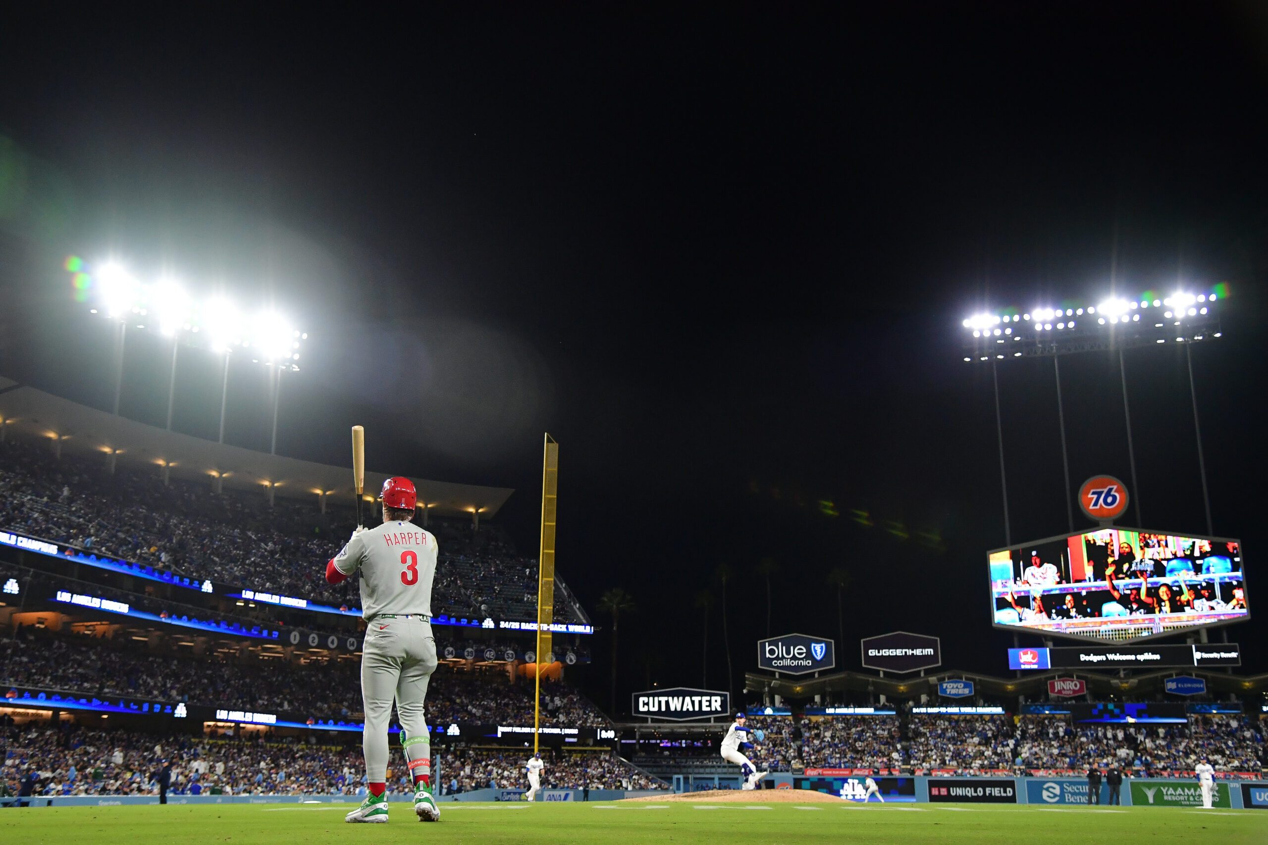 May 29, 2026; Los Angeles, California, USA; Philadelphia Phillies first baseman Bryce Harper (3) before hitting against the Los Angeles Dodgers during the seventh inning  at Dodger Stadium. Mandatory Credit: Gary A. Vasquez-Imagn Images