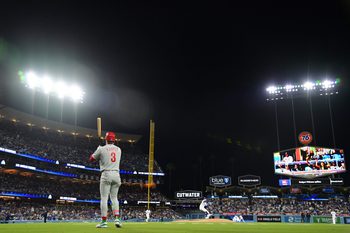 May 29, 2026; Los Angeles, California, USA; Philadelphia Phillies first baseman Bryce Harper (3) before hitting against the Los Angeles Dodgers during the seventh inning  at Dodger Stadium. Mandatory Credit: Gary A. Vasquez-Imagn Images
