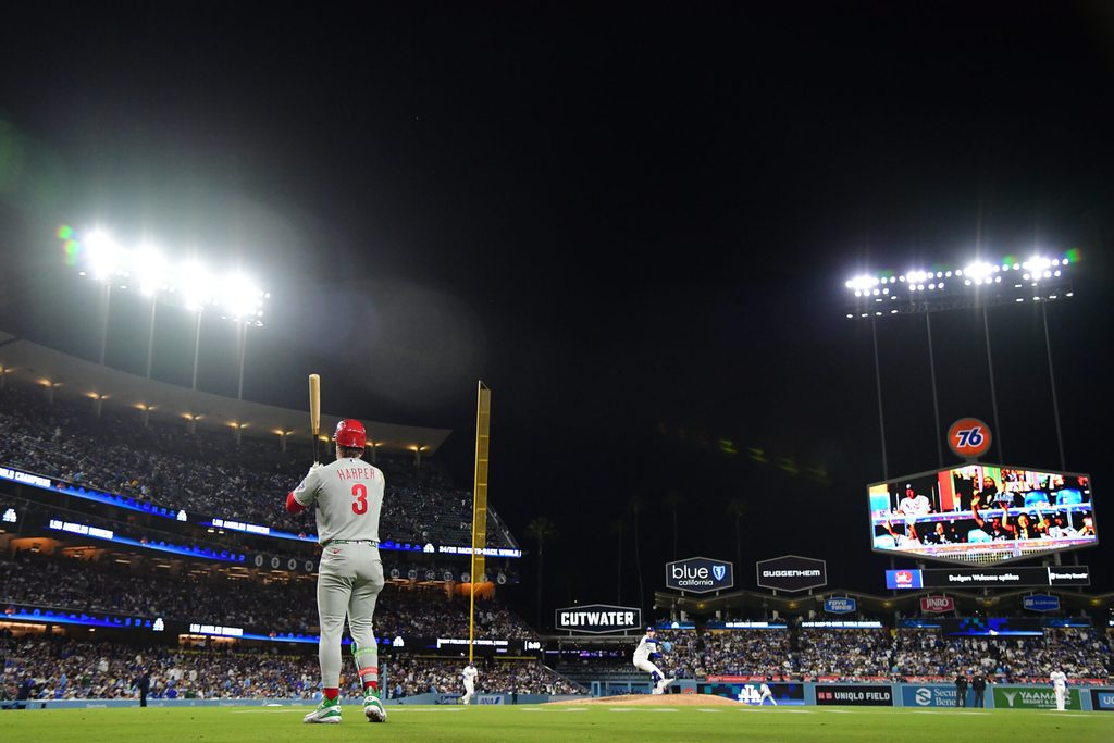 May 29, 2026; Los Angeles, California, USA; Philadelphia Phillies first baseman Bryce Harper (3) before hitting against the Los Angeles Dodgers during the seventh inning at Dodger Stadium. Mandatory Credit: Gary A. Vasquez-Imagn Images