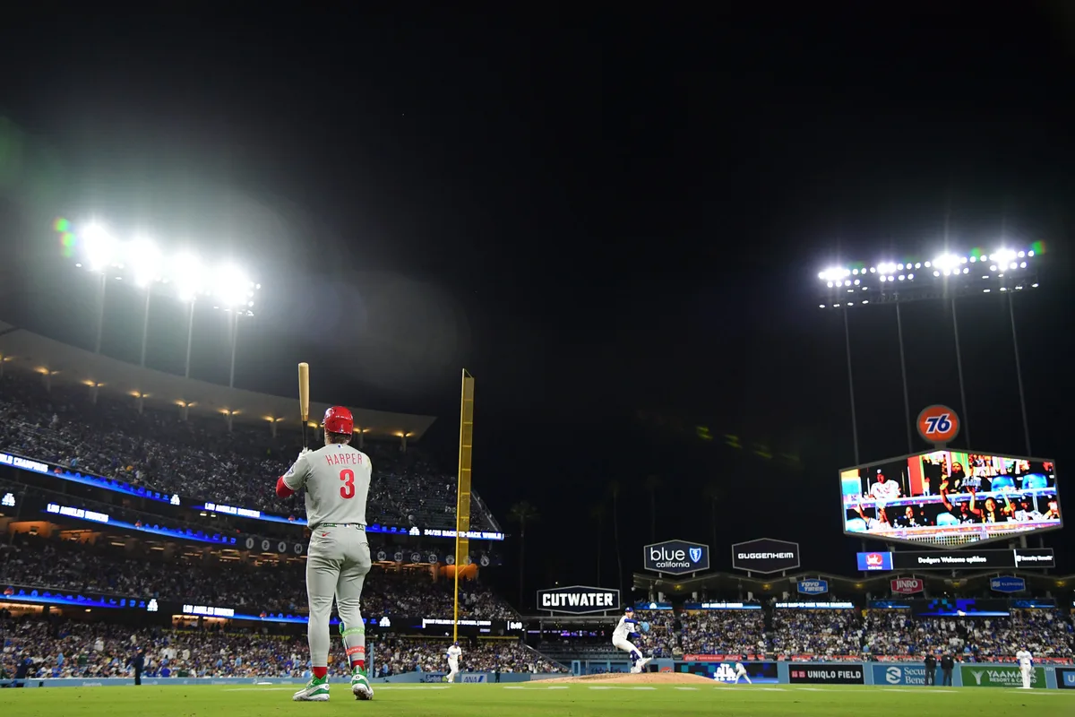 May 29, 2026; Los Angeles, California, USA; Philadelphia Phillies first baseman Bryce Harper (3) before hitting against the Los Angeles Dodgers during the seventh inning at Dodger Stadium. Mandatory Credit: Gary A. Vasquez-Imagn Images