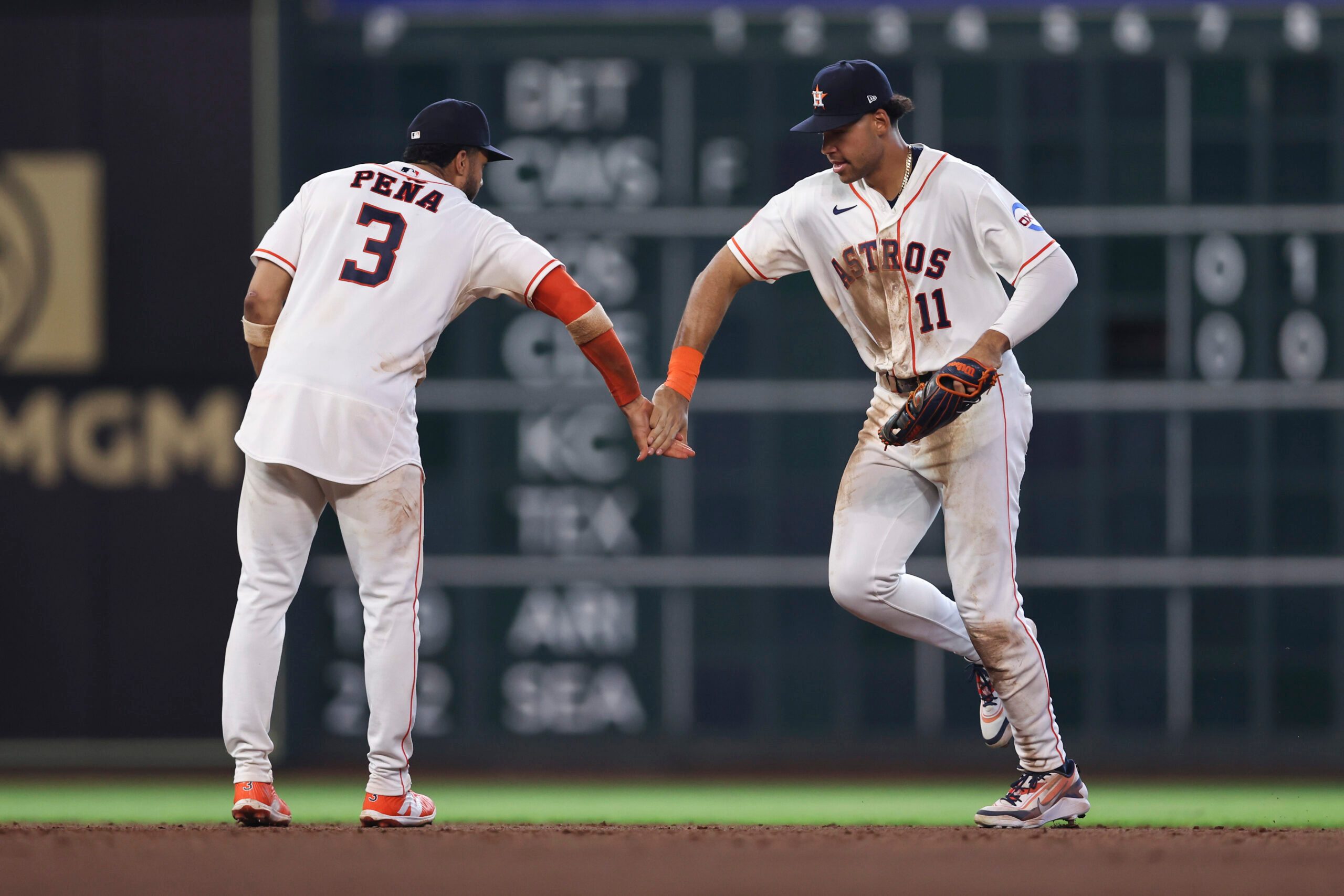 May 30, 2026; Houston, Texas, USA; Houston Astros shortstop Jeremy Pena (3) and right fielder Cam Smith (11) celebrate after the game against the Milwaukee Brewers at Daikin Park. Mandatory Credit: Troy Taormina-Imagn Images
