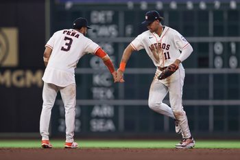 May 30, 2026; Houston, Texas, USA; Houston Astros shortstop Jeremy Pena (3) and right fielder Cam Smith (11) celebrate after the game against the Milwaukee Brewers at Daikin Park. Mandatory Credit: Troy Taormina-Imagn Images