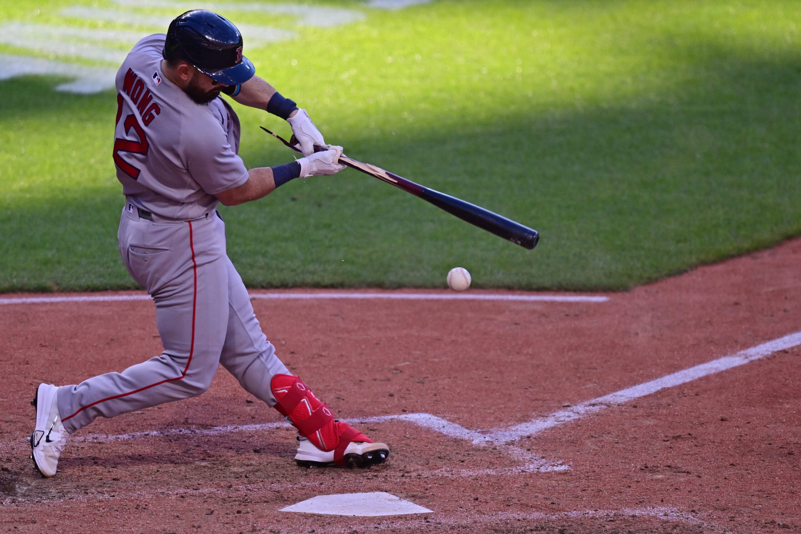 May 30, 2026; Cleveland, Ohio, USA; Boston Red Sox catcher Connor Wong (12) grounds out during the eighth inning against the Cleveland Guardians at Progressive Field. Mandatory Credit: David Dermer-Imagn Images