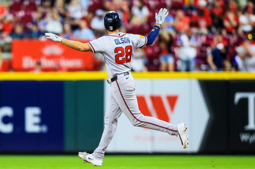 May 30, 2026; Cincinnati, Ohio, USA; Atlanta Braves first baseman Matt Olson (28) runs the bases after hitting a solo home run in the seventh inning against the Cincinnati Reds at Great American Ball Park. Mandatory Credit: Katie Stratman-Imagn Images