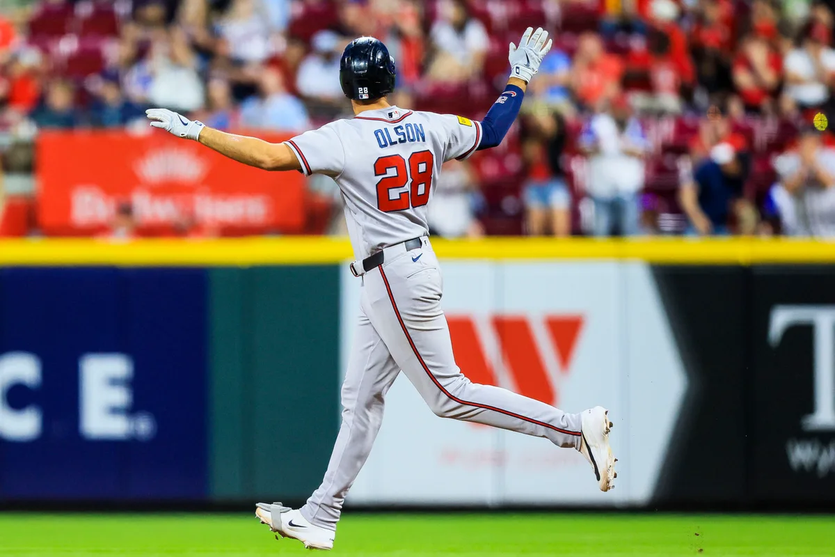 May 30, 2026; Cincinnati, Ohio, USA; Atlanta Braves first baseman Matt Olson (28) runs the bases after hitting a solo home run in the seventh inning against the Cincinnati Reds at Great American Ball Park. Mandatory Credit: Katie Stratman-Imagn Images