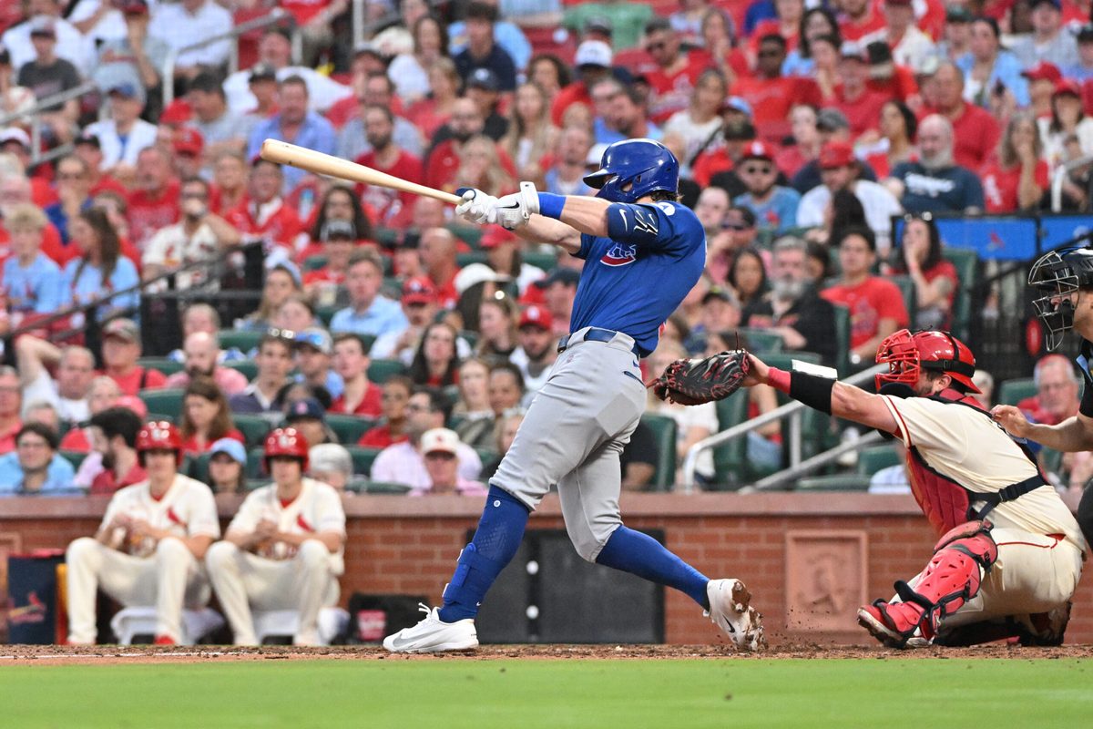 May 30, 2026; St. Louis, Missouri, USA; Chicago Cubs second baseman Nico Hoerner (2) hits an RBI single against the St. Louis Cardinals during the sixth inning at Busch Stadium. Mandatory Credit: Jeff Le-Imagn Images