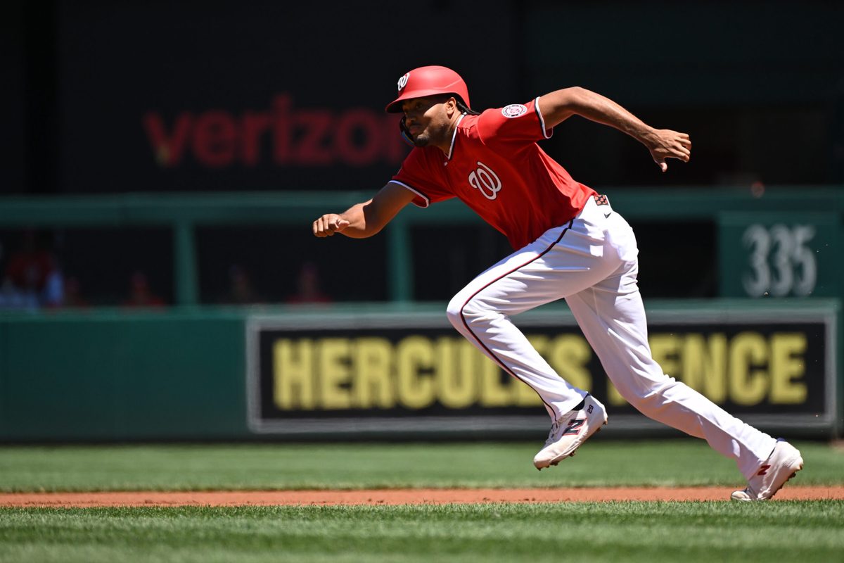 May 31, 2026; Washington, District of Columbia, USA;  Washington Nationals right fielder James Wood (29) runs towards second base against the San Diego Padres during the first inning at Nationals Park. Mandatory Credit: Rafael Suanes-Imagn Images