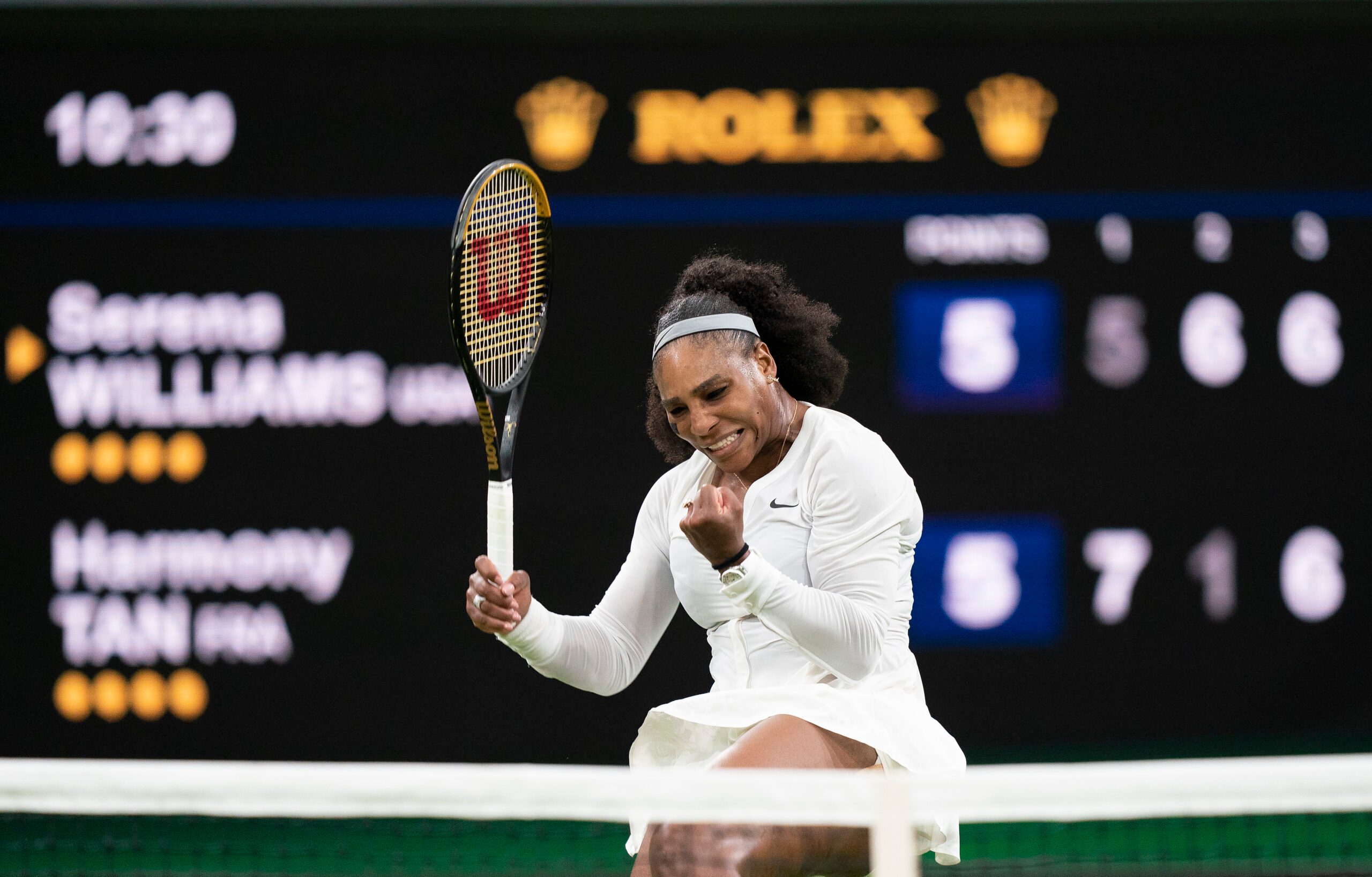 Jun 28, 2022; London, United Kingdom; Serena Williams (USA) reacts to a point during her first round match against Harmony Tan (FRA) on day two at All England Lawn Tennis and Croquet Club. Mandatory Credit: Susan Mullane-Imagn Images