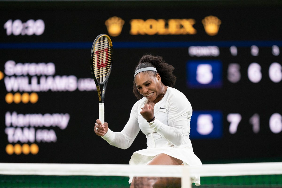 Jun 28, 2022; London, United Kingdom; Serena Williams (USA) reacts to a point during her first round match against Harmony Tan (FRA) on day two at All England Lawn Tennis and Croquet Club. Mandatory Credit: Susan Mullane-Imagn Images