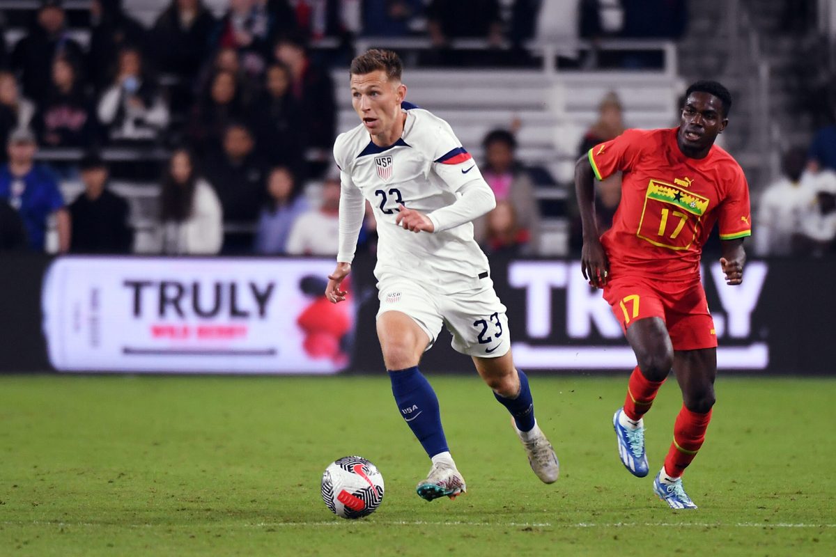 Oct 17, 2023; Nashville, Tennessee, USA; United States defender Kristoffer Lund (23) dribbles into the offensive zone during the second half against Ghana at GEODIS Park. Mandatory Credit: Christopher Hanewinckel-Imagn Images