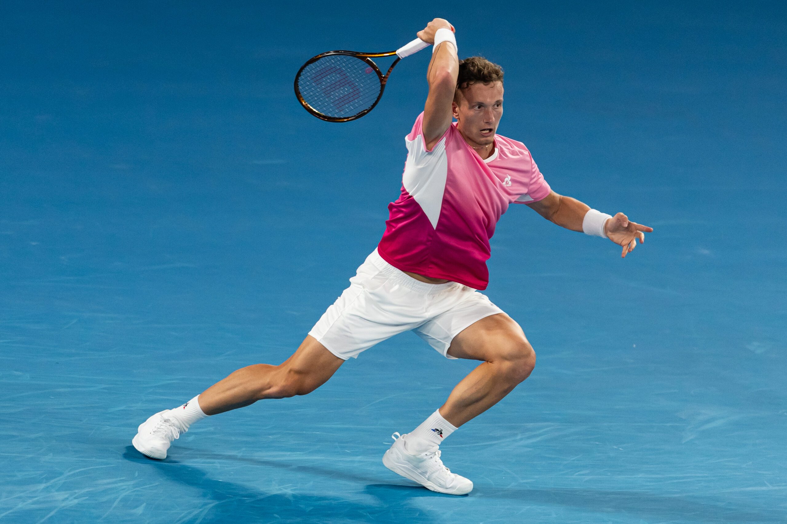 Jan 19, 2025; Melbourne, Victoria, Australia; Jiri Lehecka of Czech Republic in action during his match against Novak Djokovic of Serbia in the fourth round of the men's singles at the 2025 Australian Open at Melbourne Park. Mandatory Credit: Mike Frey-Imagn Images