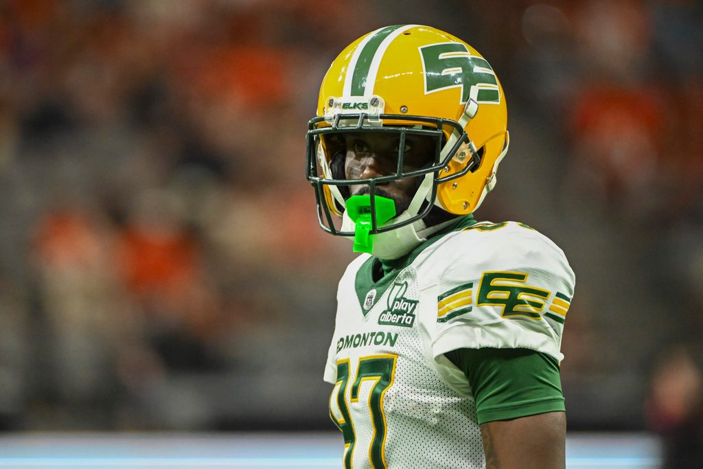 Jun 7, 2025; Vancouver, British Columbia, Canada; Edmonton Elks wide receiver Binjimen Victor (87) looks on during the second half against the BC Lions at BC Place Stadium. Mandatory Credit: Anne-Marie Sorvin-Imagn Images