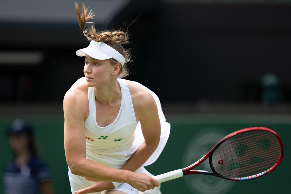 Jul 3, 2025; Wimbledon, United Kingdom; Elena Rybakina of Kazakhstan serves during her match against Maria Sakkari of Greece on day four at the All England Lawn Tennis and Croquet Club. Mandatory Credit: Susan Mullane-Imagn Images