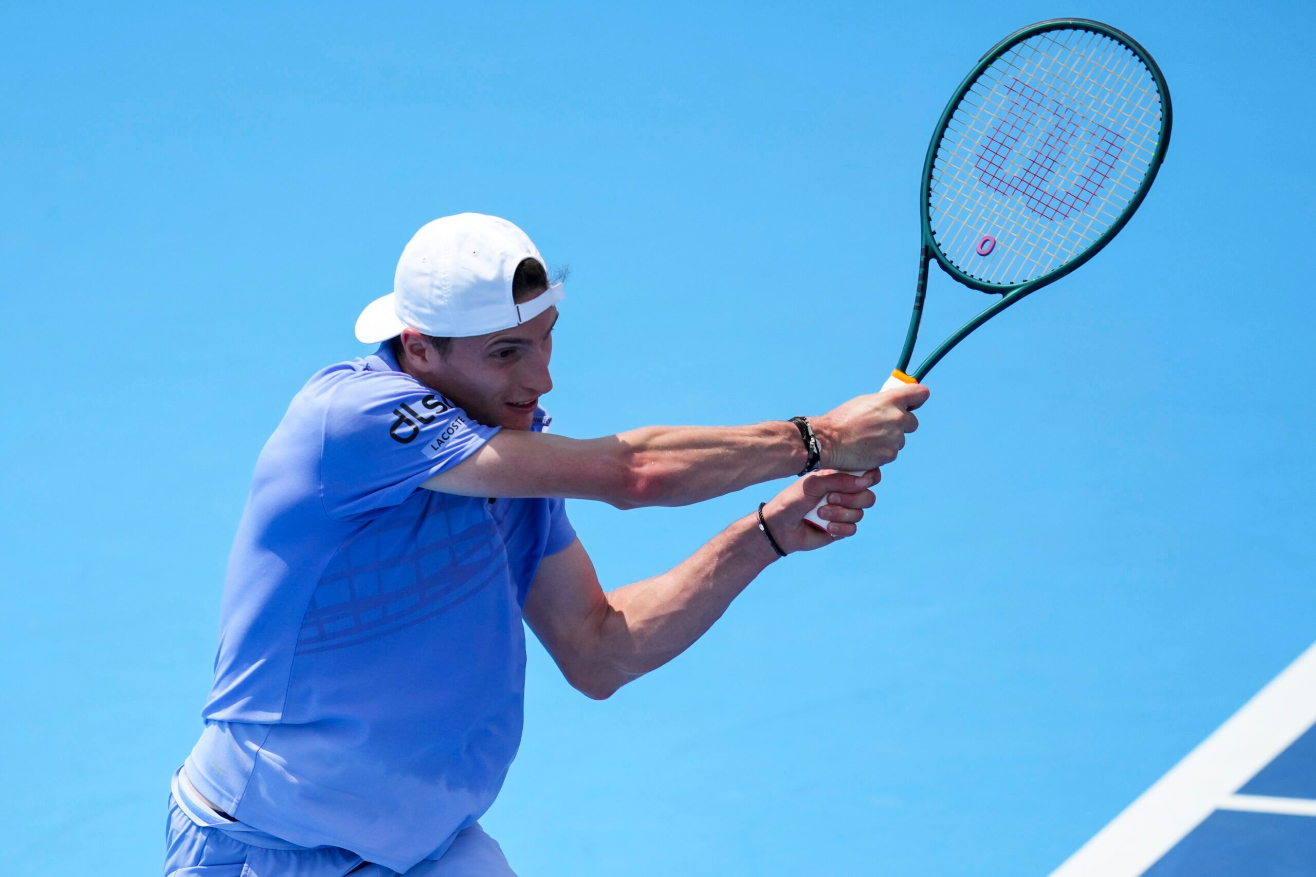 Aug 11, 2025; Cincinnati, OH, USA; Ugo Humbert (FRA) returns a shot against Frances Tiafoe (USA) during the Cincinnati Open at the Lindner Family Tennis Center. Mandatory Credit: Aaron Doster-Imagn Images