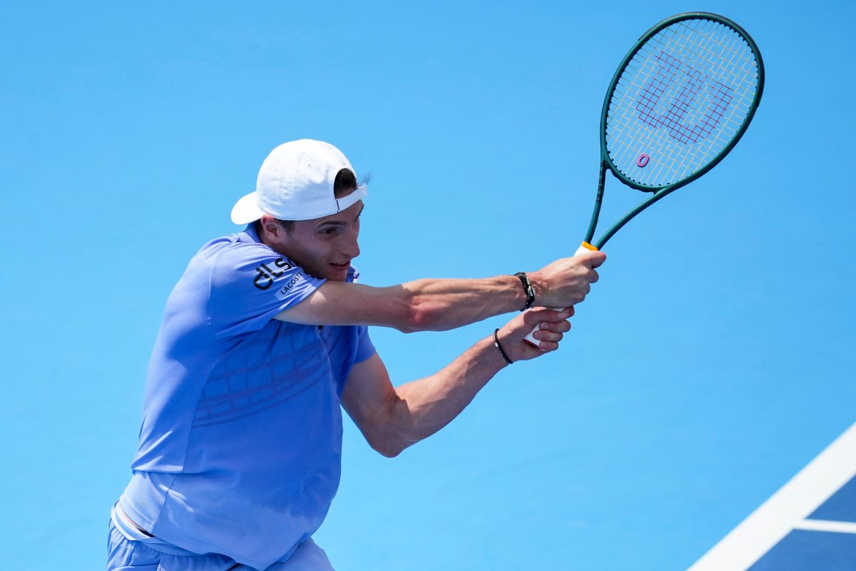 Aug 11, 2025; Cincinnati, OH, USA; Ugo Humbert (FRA) returns a shot against Frances Tiafoe (USA) during the Cincinnati Open at the Lindner Family Tennis Center. Mandatory Credit: Aaron Doster-Imagn Images