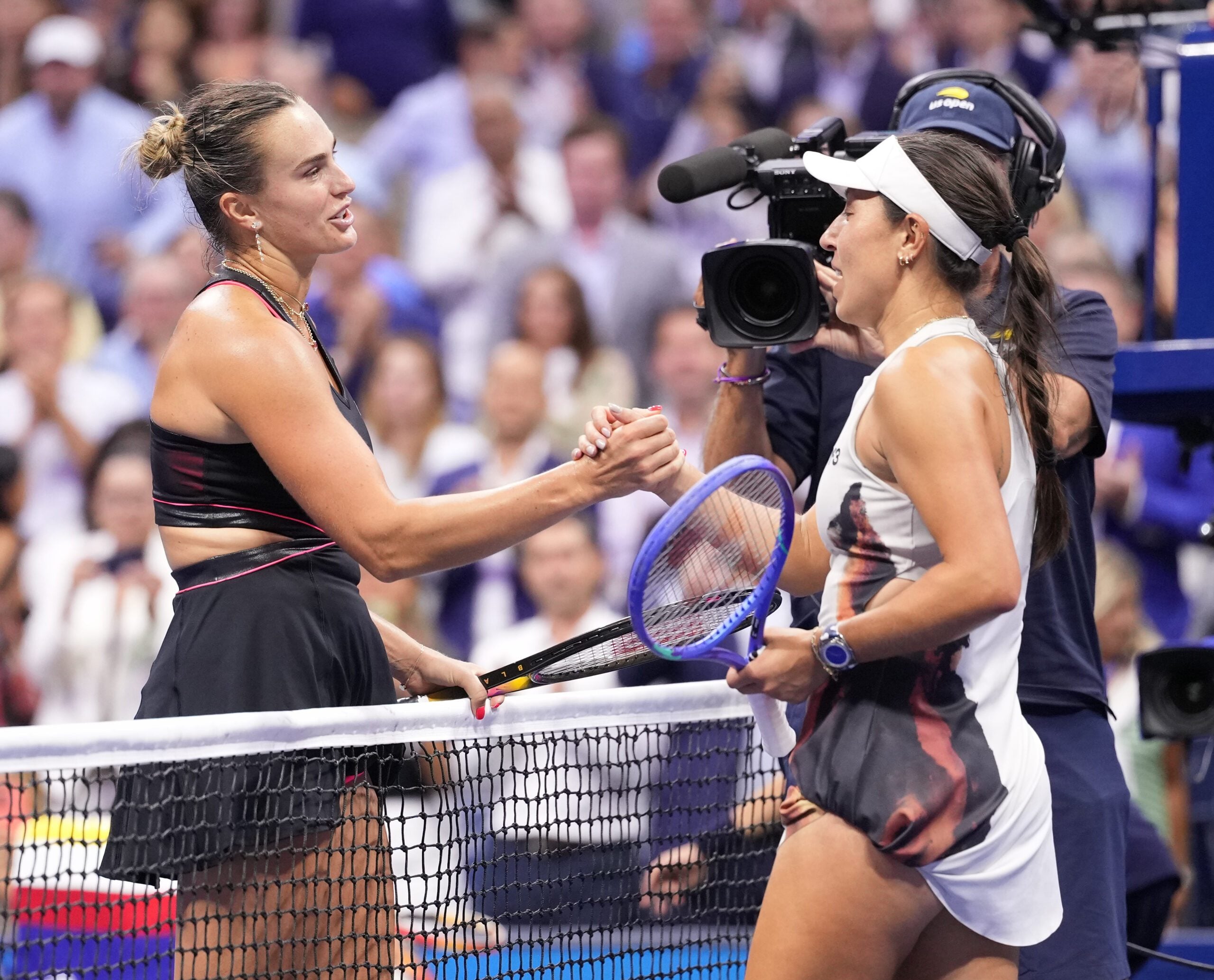 Sep 4, 2025; Flushing, NY, USA;
Aryna Sabalenka (left) after beating Jessica Pegula (USA) (right on day twelve of the 2025 U.S. Open tennis tournament at the USTA Billie Jean King National Tennis Center. Mandatory Credit: Robert Deutsch-Imagn Images
