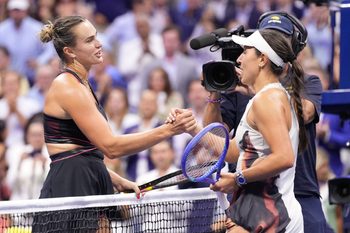 Sep 4, 2025; Flushing, NY, USA;  Aryna Sabalenka (left) after beating Jessica Pegula (USA) (right on day twelve of the 2025 U.S. Open tennis tournament at the USTA Billie Jean King National Tennis Center. Mandatory Credit: Robert Deutsch-Imagn Images