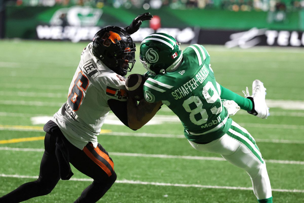 Nov 8, 2025; Regina, Saskatchewan, Canada; Saskatchewan Roughriders wide receiver Kian Schaffer-Baker (89) catches the ball as he is covered baby BC Lions defensive back TJ Lee (6) during the second half of the CFL Western Conference Final between the BC Lions and the Saskatchewan Roughriders at Mosaic Stadium. Saskatchewan Roughriders wins 24-21 over the Lions. Mandatory Credit: Bruce Fedyck-Imagn Images
