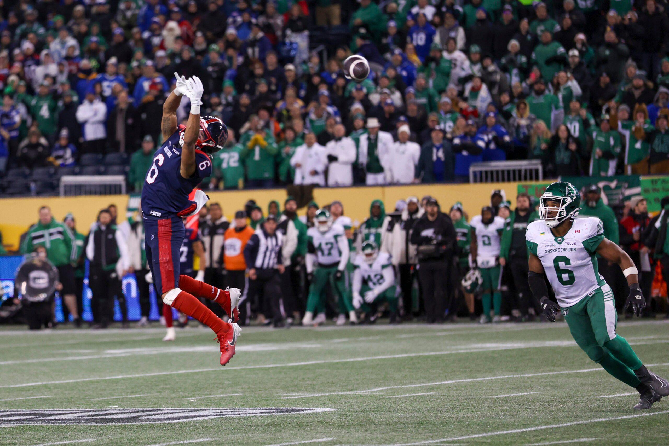 Nov 16, 2025; Winnipeg, Manitoba, Canada;  Montreal Alouettes wide receiver Tyson Philpot (6) reaches for a pass during the fourth quarter against the Saskatchewan Roughriders during the 112th Grey Cup Championship at Princess Auto Stadium. Mandatory Credit: Bruce Fedyck-Imagn Images