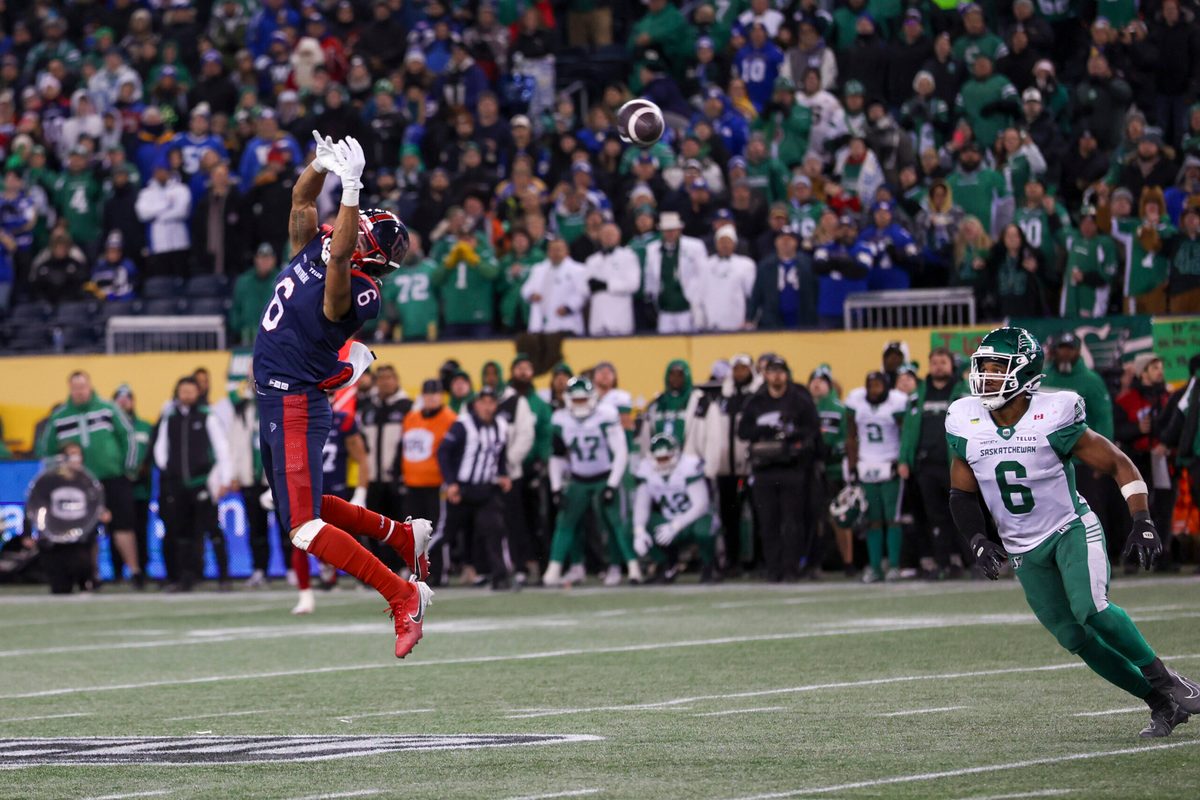 Nov 16, 2025; Winnipeg, Manitoba, Canada;  Montreal Alouettes wide receiver Tyson Philpot (6) reaches for a pass during the fourth quarter against the Saskatchewan Roughriders during the 112th Grey Cup Championship at Princess Auto Stadium. Mandatory Credit: Bruce Fedyck-Imagn Images