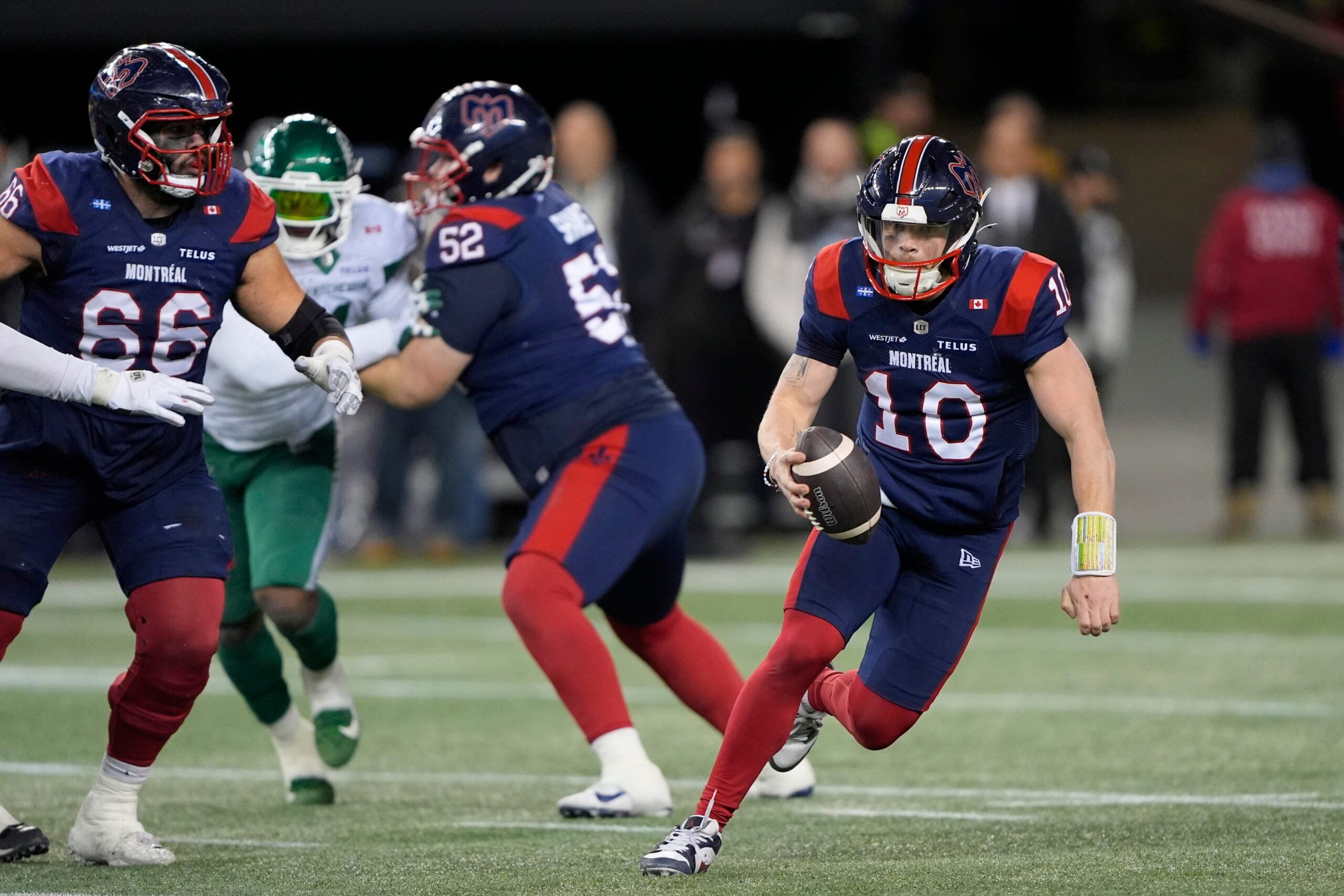 Nov 16, 2025; Winnipeg, Manitoba, Canada;  Montreal Alouettes quarterback Davis Alexander (10) runs the ball during the fourth quarter against the Saskatchewan Roughriders during the 112th Grey Cup Championship at Princess Auto Stadium. Mandatory Credit: John E. Sokolowski-Imagn Images