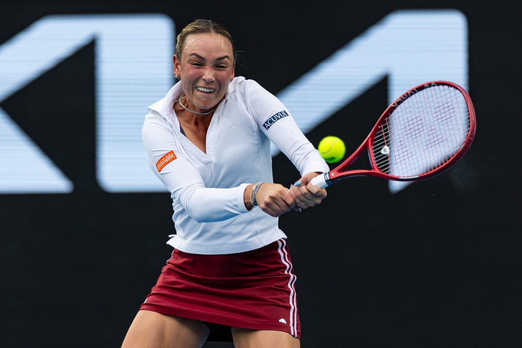 Jan 19, 2026; Melbourne, Victoria, Australia; Donna Vekic of Croatia in action against Mirra Andreeva in the first round of the women’s singles at the Australian Open at Margaret Court Arena in Melbourne Park. Mandatory Credit: Mike Frey-Imagn Images