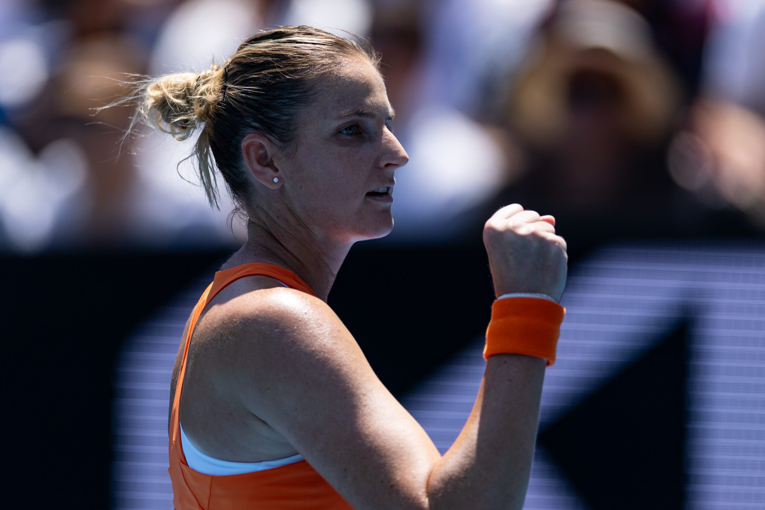 Jan 20, 2026; Melbourne, Victoria, Australia; Karolina Pliskova of Czechia in action against Sloane Stephens of United States in the first round of the womenís singles at the Australian Open at Kia Arena in Melbourne Park. Mandatory Credit: Mike Frey-Imagn Images