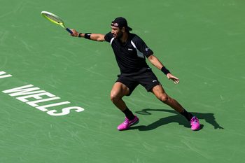 Mar 6, 2026; Indian Wells, CA, USA;  Matteo Berrettini of Italy in action against Alexander Zverev of Germany in the second round of the BNP Paribas Open at the Indian Wells Tennis Garden. Mandatory Credit: Mike Frey-Imagn Images
